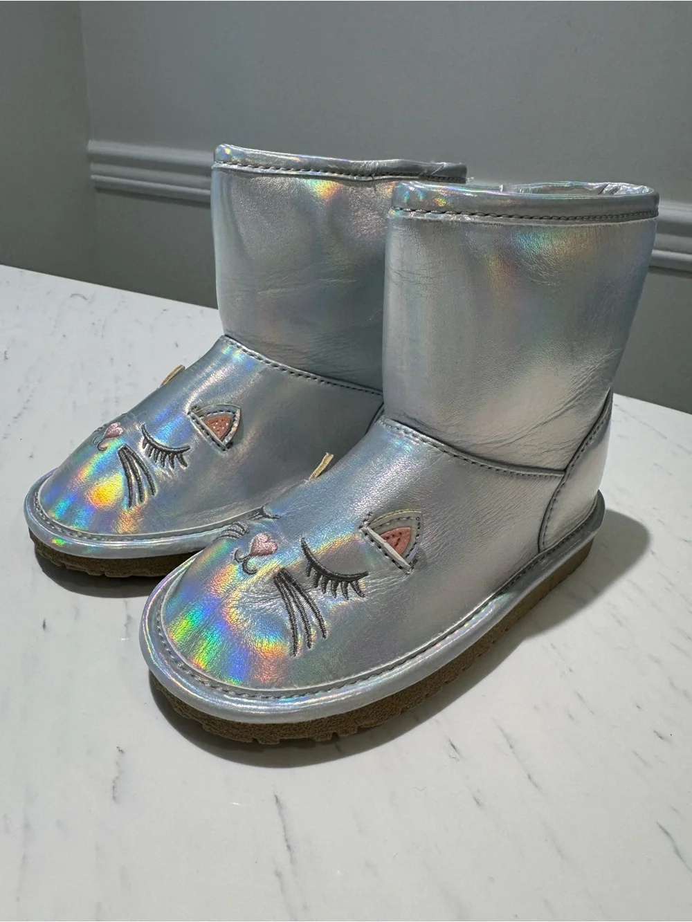 The Children's Place Iridescent Silver Cat Face Kids Snow Boots